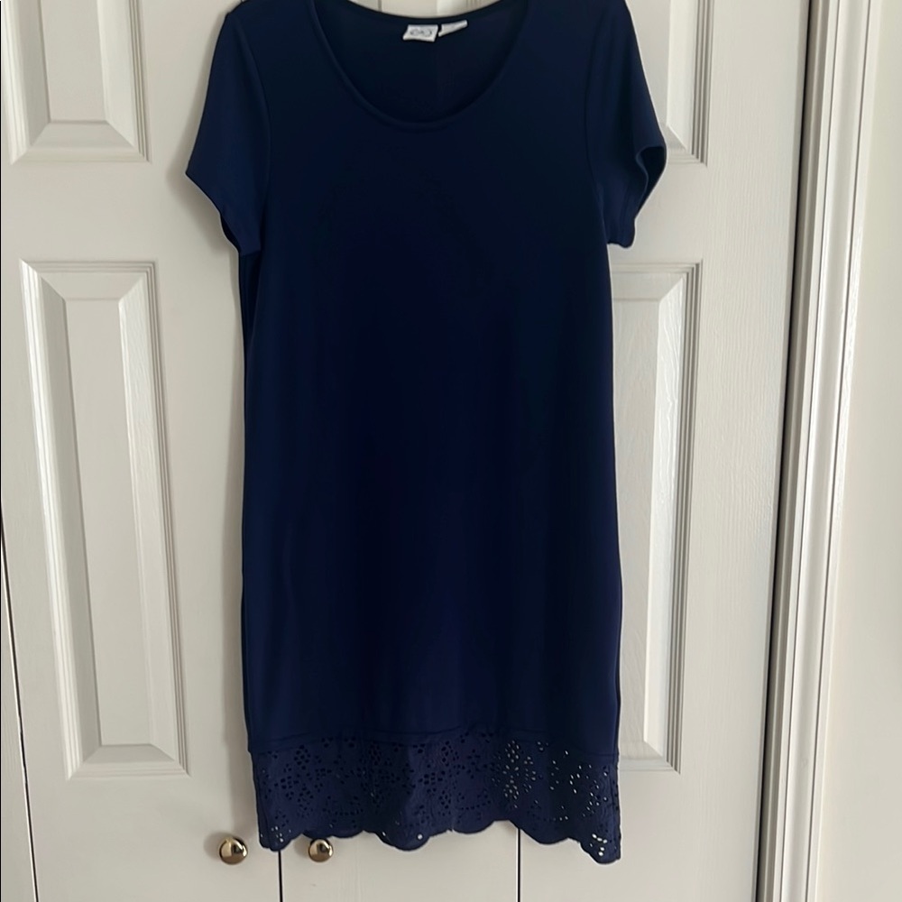 Navy Blue Short Sleeve Dress with Eyelet Hem